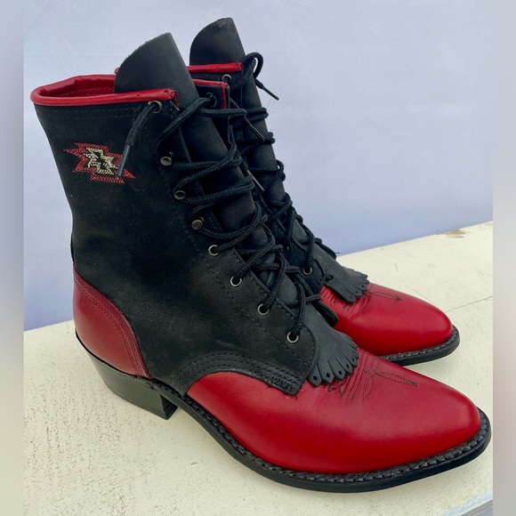 Abilene Leather Lace Up Western Packer Kiltie Boots Women’s Size 9.5 M Red Black - Picture 2 of 14